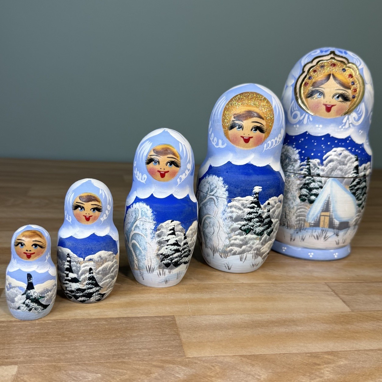 VTG Russian Nesting Babushka Dolls Winter Village Blue Matryoshka 5pcs Wood 7”H VTG Russian Nesting Babushka Dolls Winter Village Blue Matryoshka 5pcs Wood 7”H