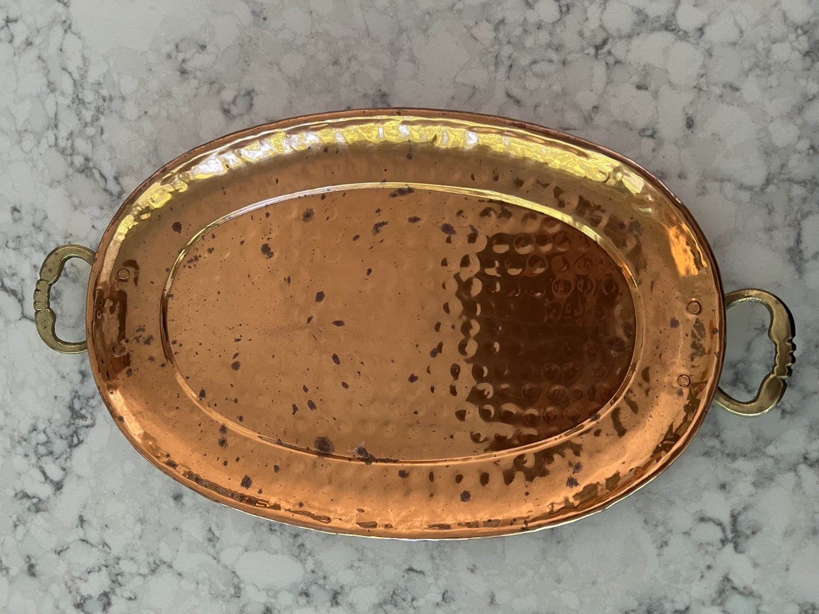 Vintage Solid Hammered Copper Oval Tray w/ Brass Handles Patina 9”x16” India