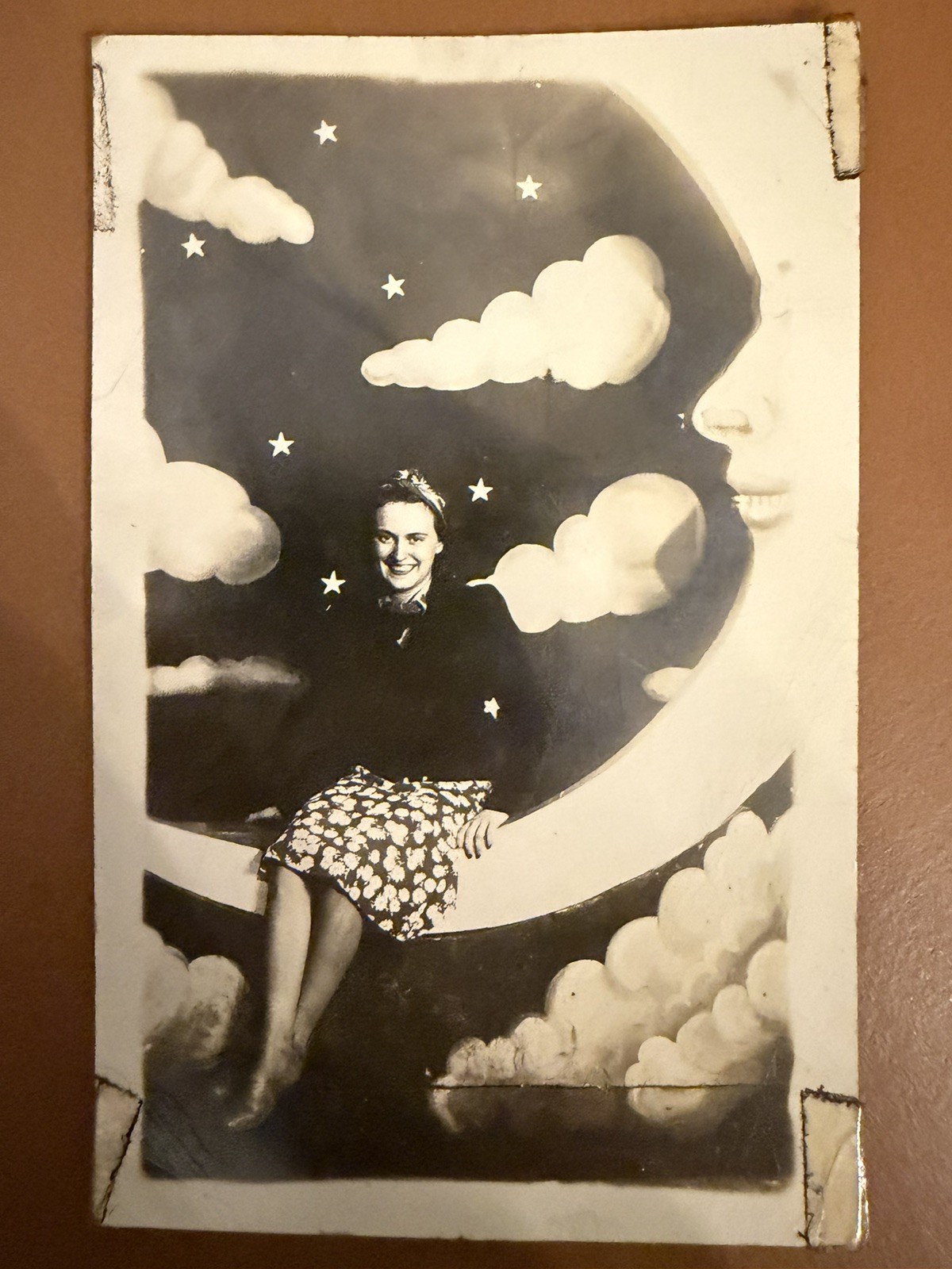 Vintage RPPC Woman Sitting on Crescent Moon Stars Novelty Photo Postcard EKC