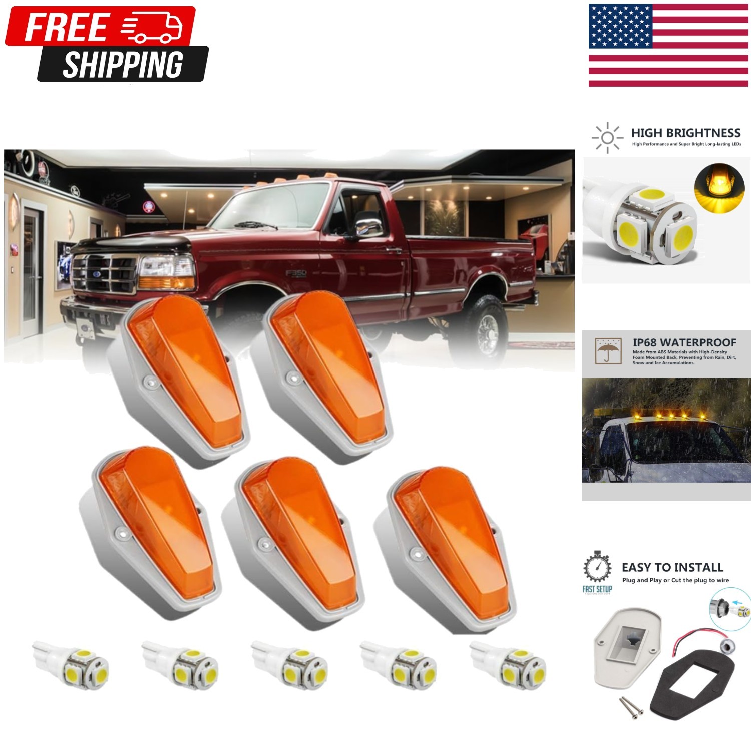 5 Amber LED Cab Roof Marker Lights for Ford F-Series 1973-1997