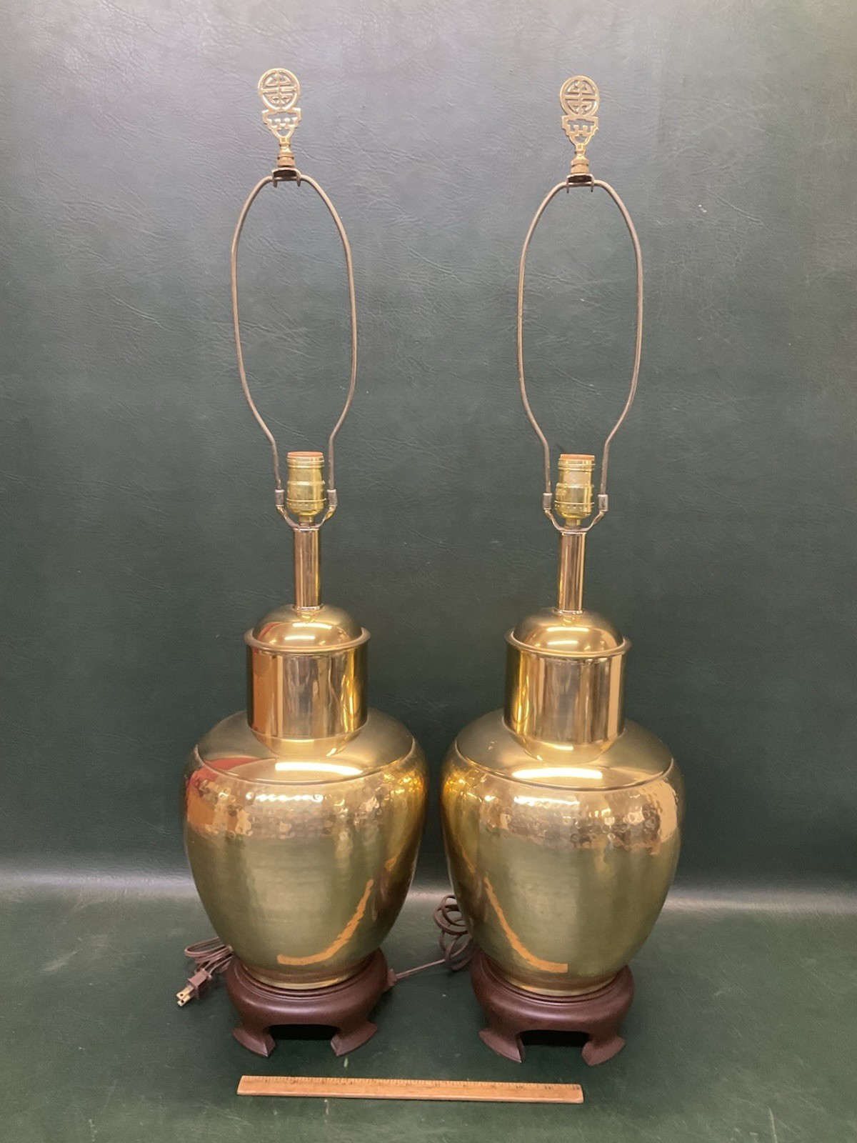 Fine Pair  Vintage Chinoiserie Hollywood Regency Gold Brass Lamps Hammered 35”H