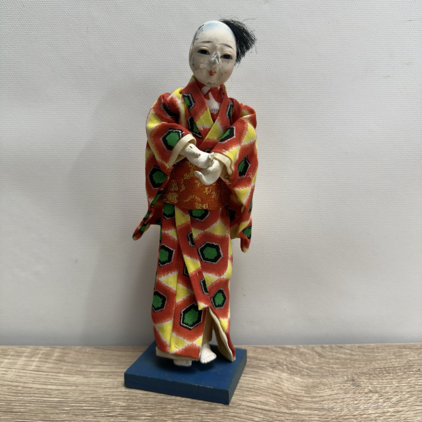 Vtg Japanese Gofun Doll Ichimatsu Ningyo Boy Red Kimono Wood Base Japan 7" As Is