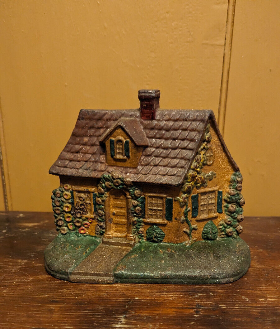 Antique HUBLEY # 211 Cast Iron Doorstop COTTAGE Hand Painted House