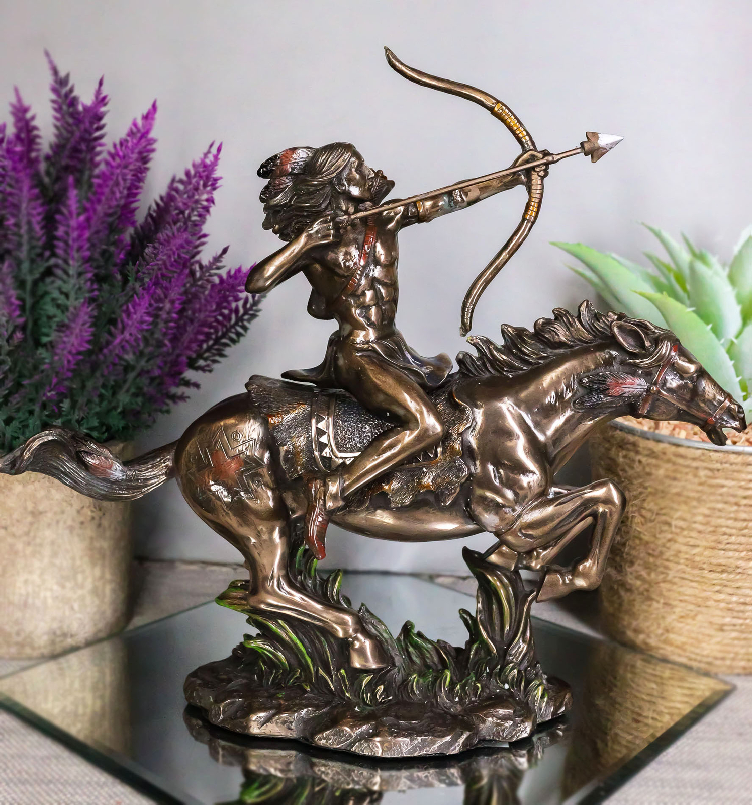 Ebros Native Indian Chief Warrior with Eagle On Horse with Bow & Arrow 10" L Ebros Native Indian Chief Warrior with Eagle On Horse with Bow & Arrow 10" L