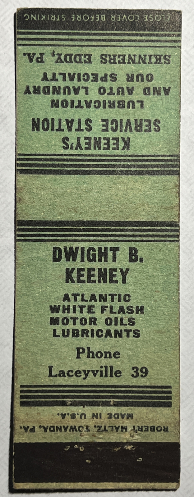 Vintage Matchbook Cover - Keeneys Service Station - Skinners Eddy, Pennsylvania