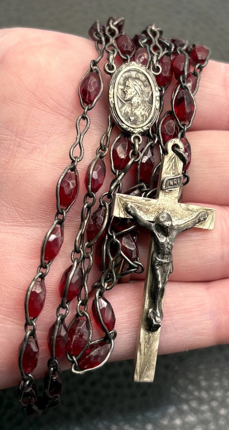 VTG Sterling Silver HMH Maker Rosary Red Faceted Glass Beads Cross Crucifix 28” VTG Sterling Silver HMH Maker Rosary Red Faceted Glass Beads Cross Crucifix 28”