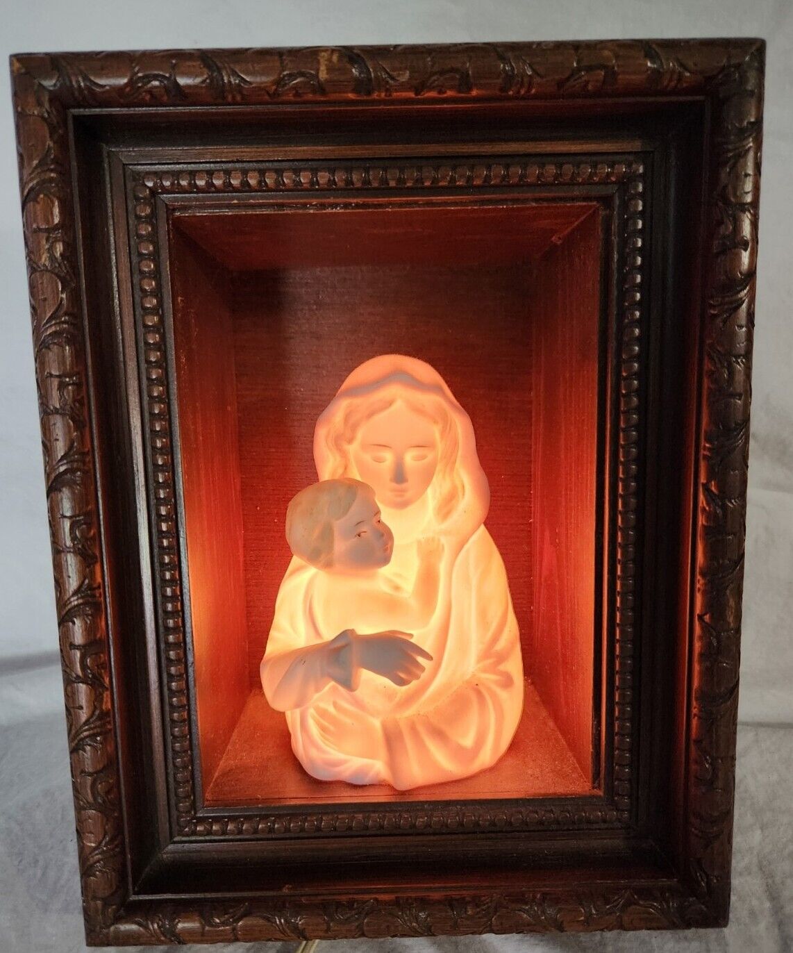 Vtg Mary And Baby Jesus Framed Shadow Box Night Light Ambiance Light Madonna