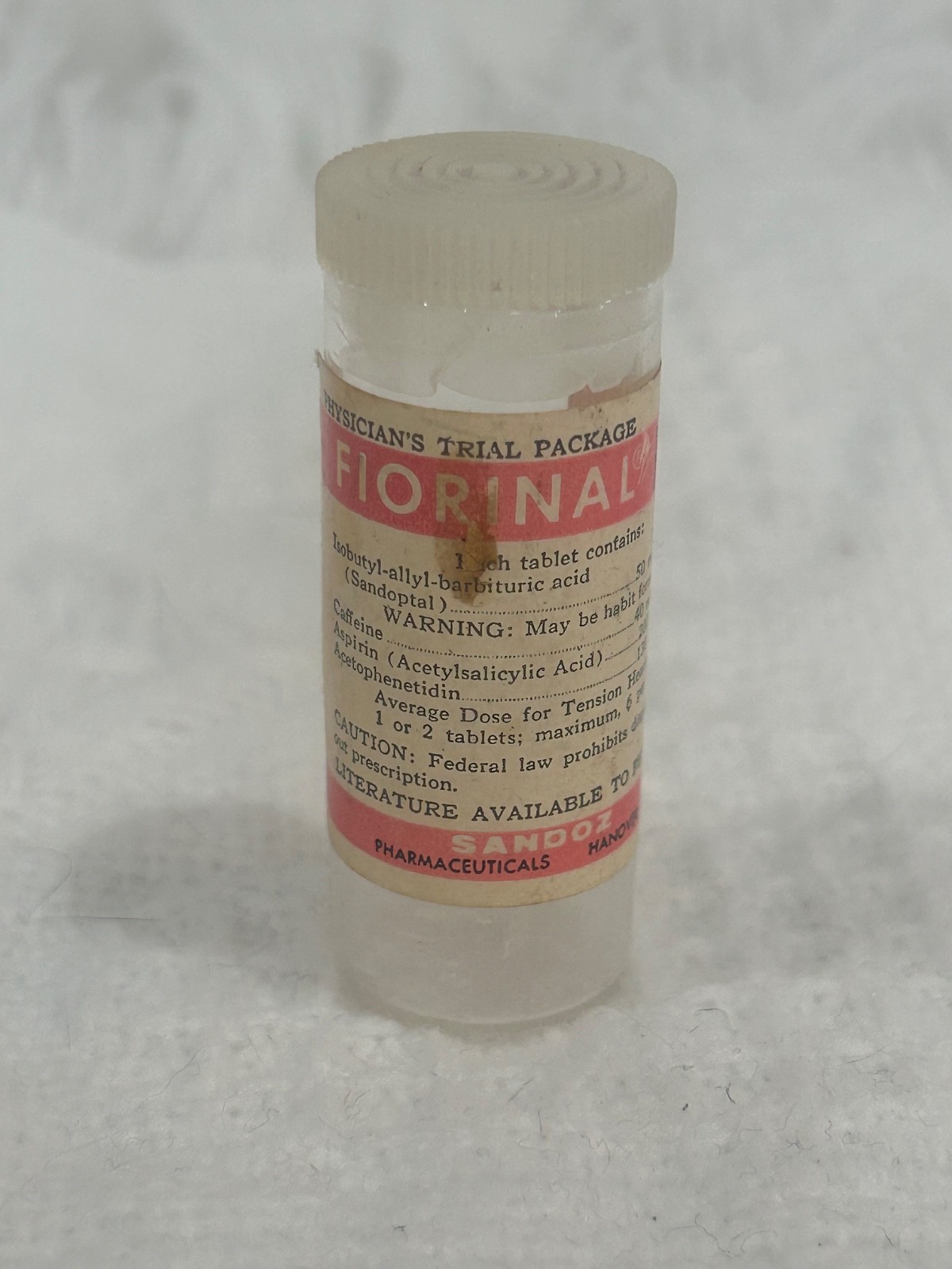 Sandoz Fiorinal EMPTY VINTAGE Barbiturate Medicine Sample Bottle RARE Pharma Sandoz Fiorinal EMPTY VINTAGE Barbiturate Medicine Sample Bottle RARE Pharma