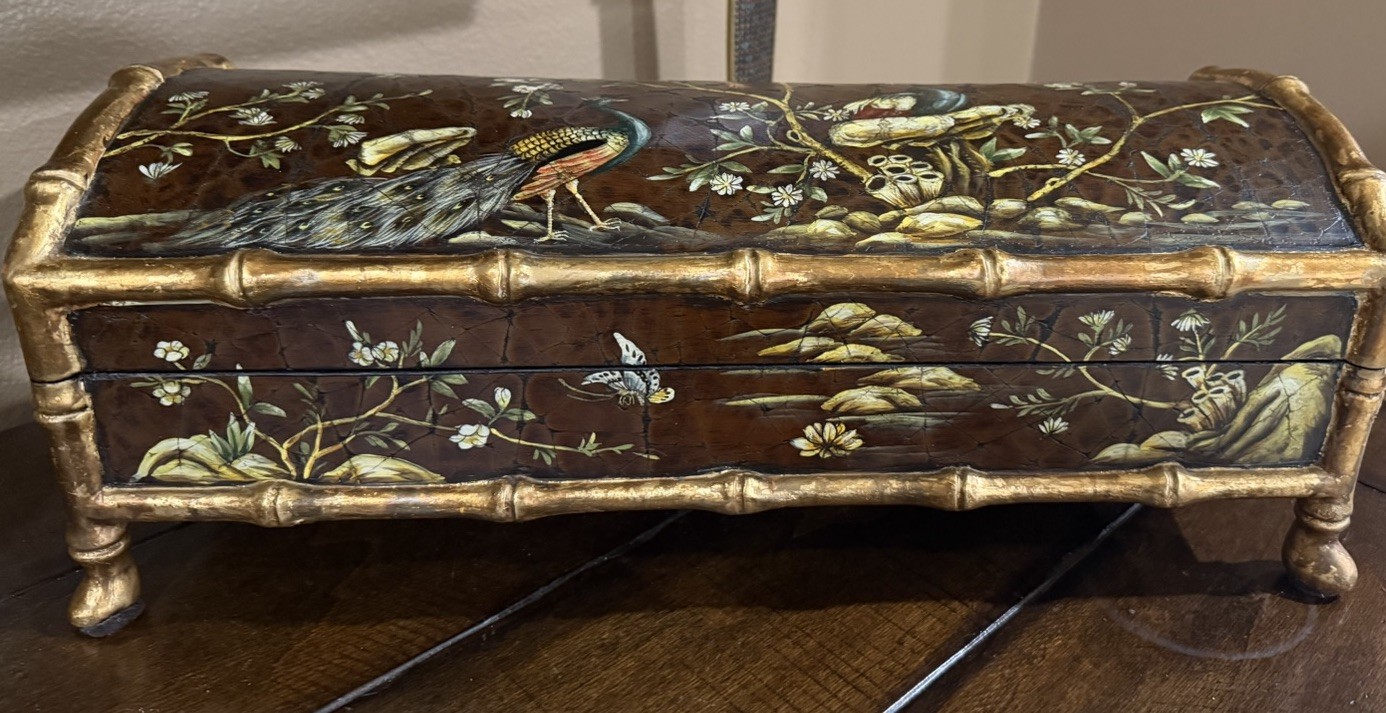 Vintage Chinoiserie Faux Bamboo Box Chest Dutch Tree of Life Painted Peacock 18"