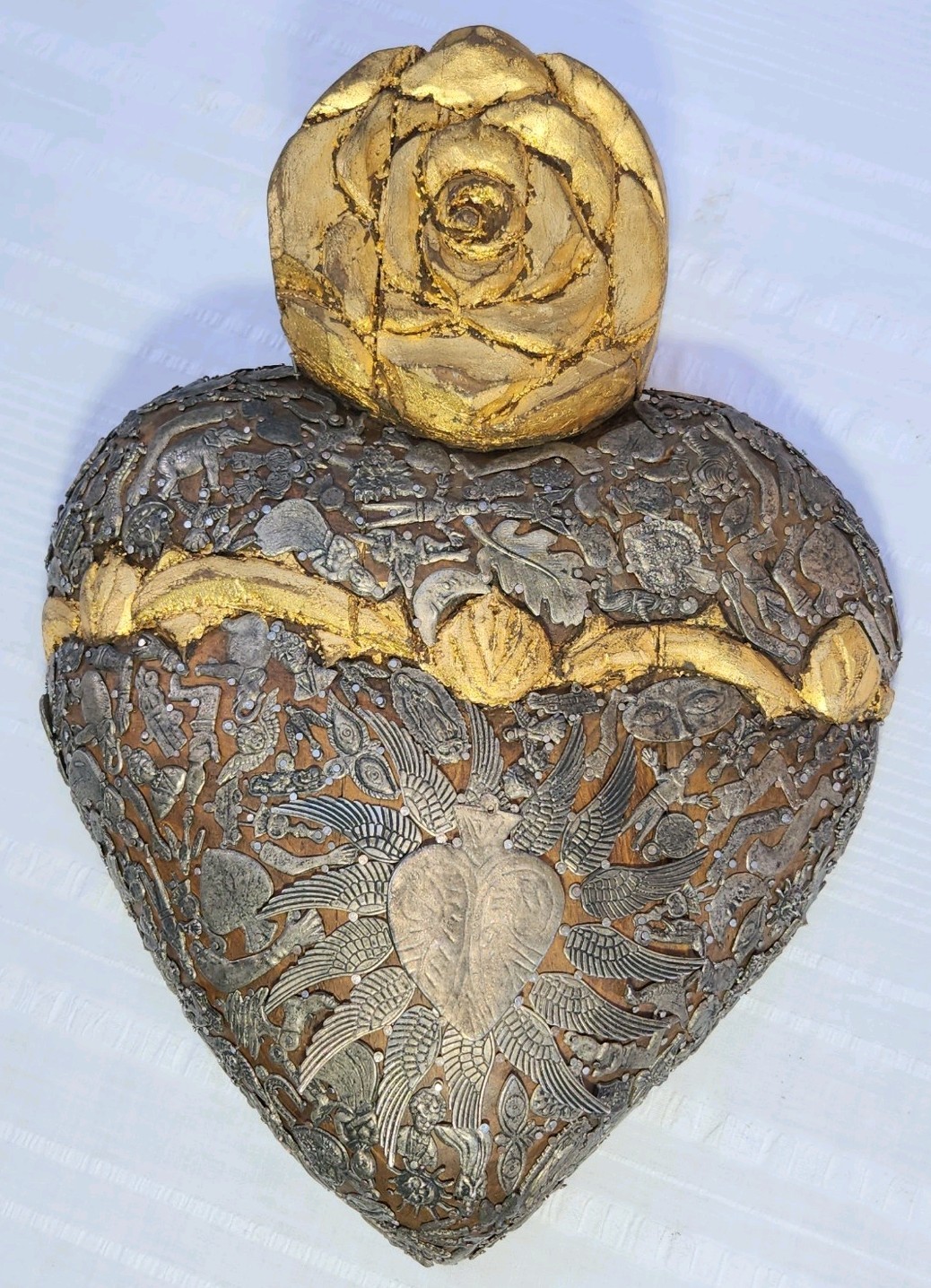 Vintage Handcrafted Wooden Sacred Heart with Milagros 16in Wall Hanging Catholic Vintage Handcrafted Wooden Sacred Heart with Milagros 16in Wall Hanging Catholic