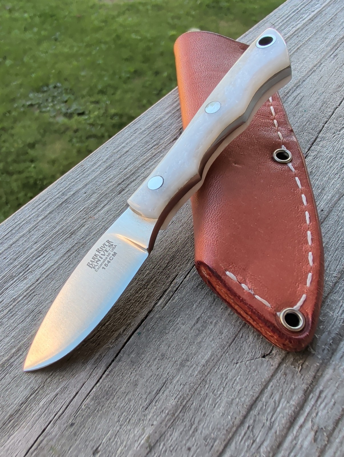 Bark River Micro Canadian 154CM Knife Faux Mother of Pearl Scales Leather Slip 5 Bark River Micro Canadian 154CM Knife Faux Mother of Pearl Scales Leather Slip 5