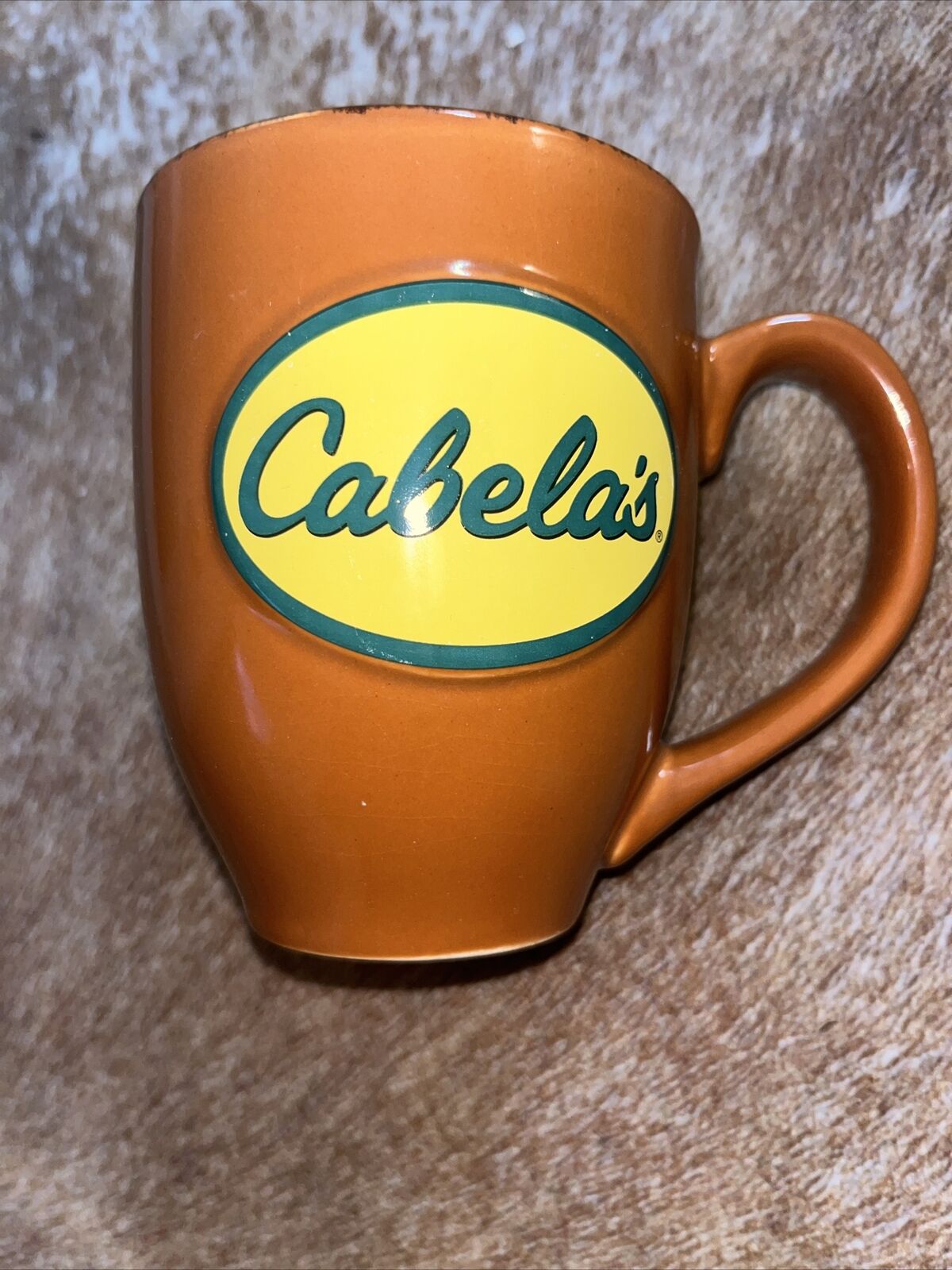 Colbalt Brown Exclusive Cabela's Coffee Cup Tea Mug Yellow Green Inside Writing