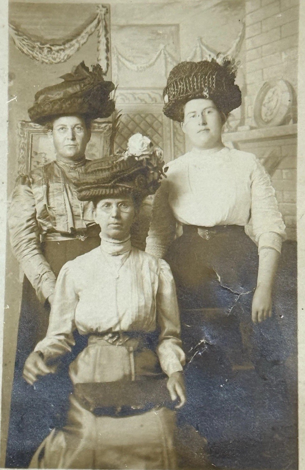 Antique RPPC 3 Women Large Edwardian Hats Fashion Studio Portrait Postcard Antique RPPC 3 Women Large Edwardian Hats Fashion Studio Portrait Postcard