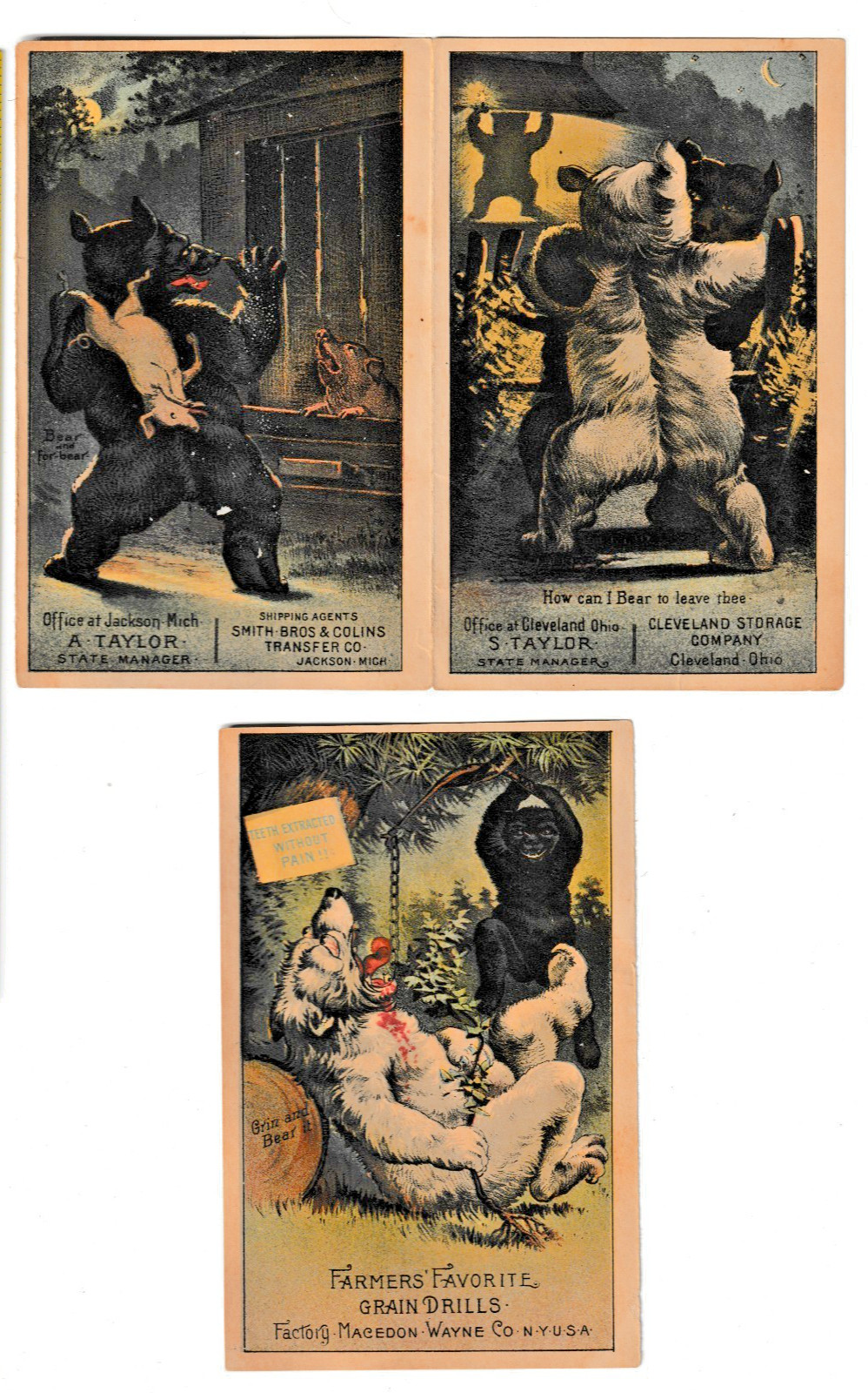 Antique 1880 Macedon Agricultural Works Anthropomorphic Bears Trade Card Lot of2 Antique 1880 Macedon Agricultural Works Anthropomorphic Bears Trade Card Lot of2