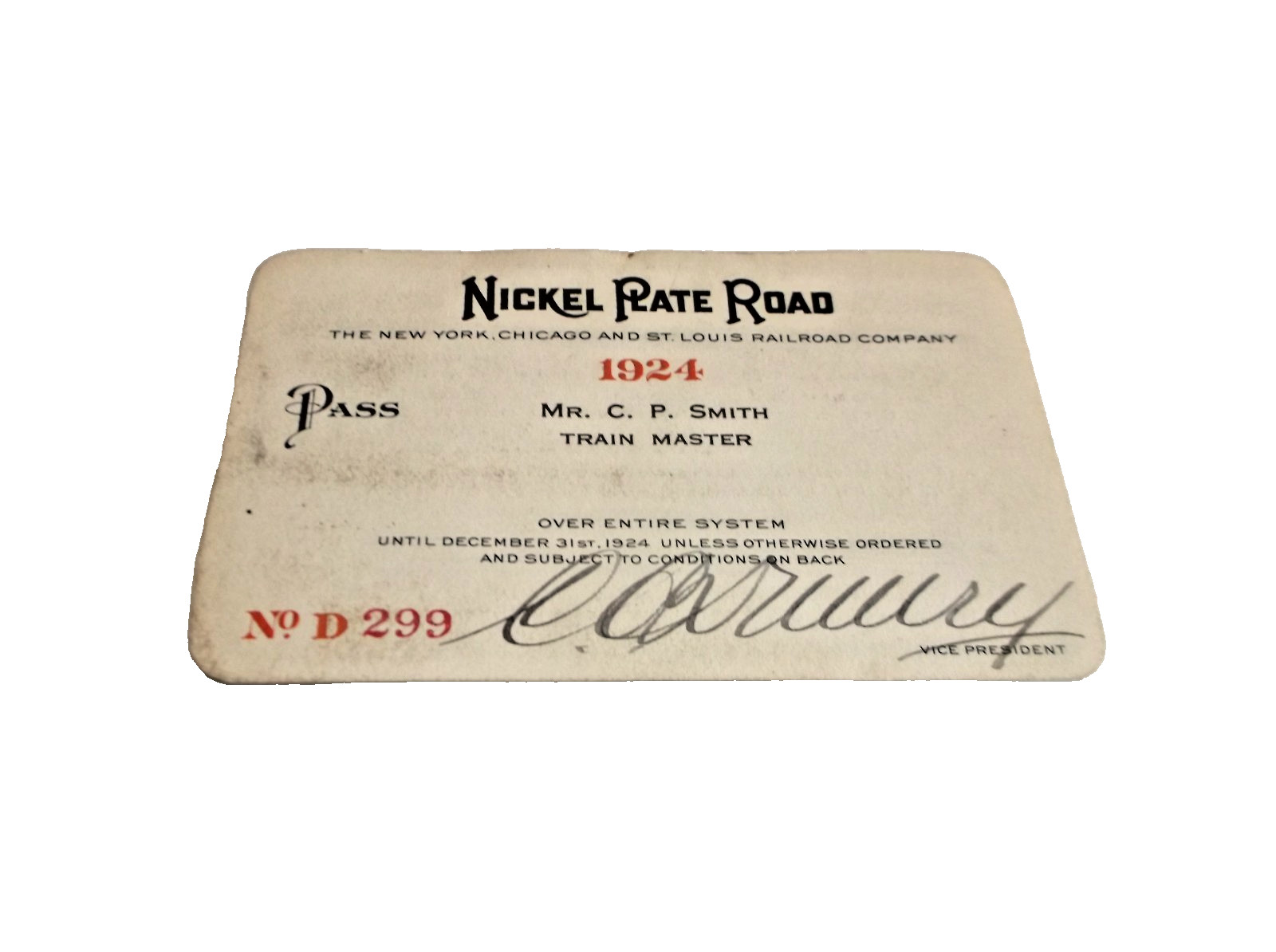1924 NICKEL PLATE ROAD NKP EMPLOYEE PASS #299 1924 NICKEL PLATE ROAD NKP EMPLOYEE PASS #299