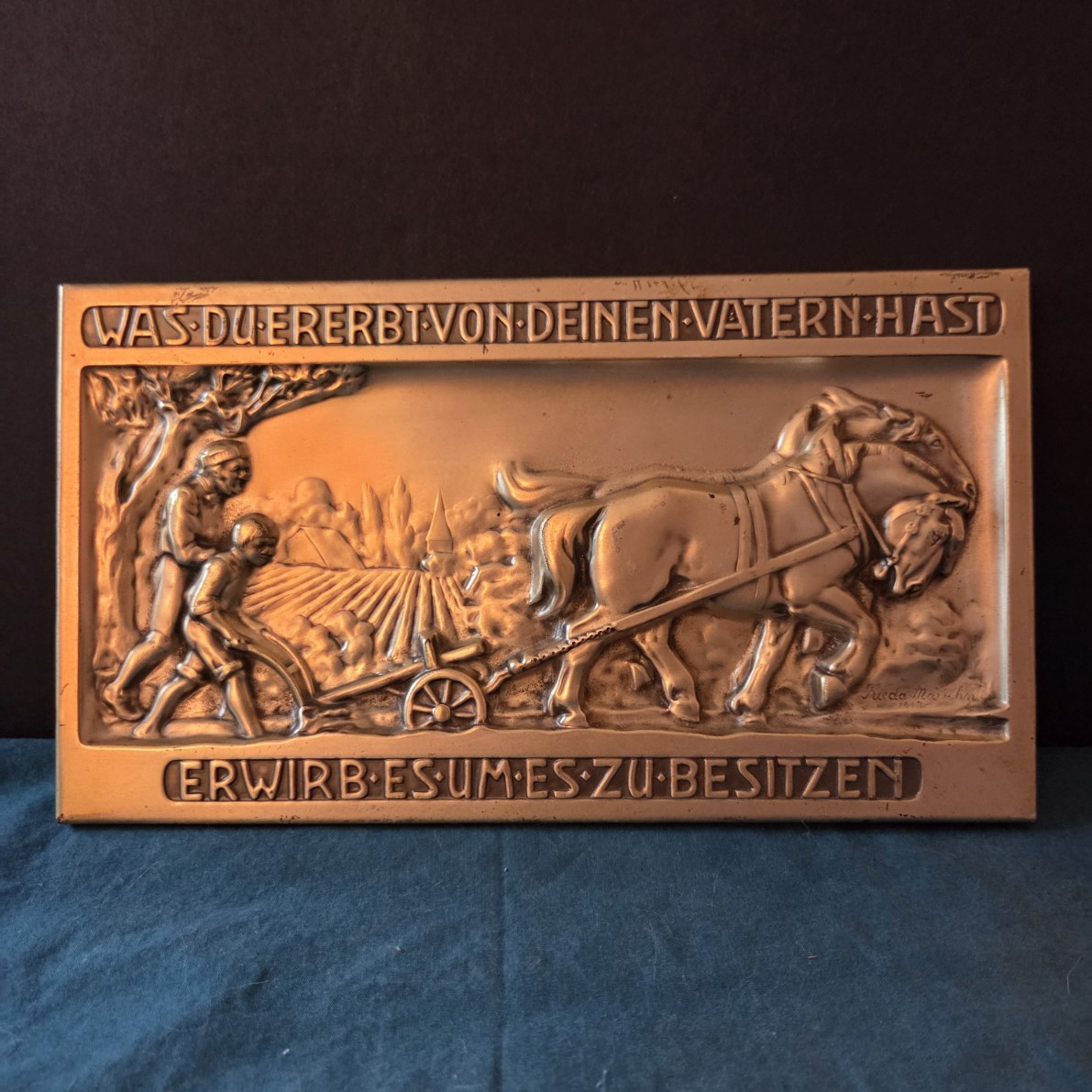 Antique 1912 German Pressed Metal Relief Plaque by Frieda Maruhn Antique 1912 German Pressed Metal Relief Plaque by Frieda Maruhn