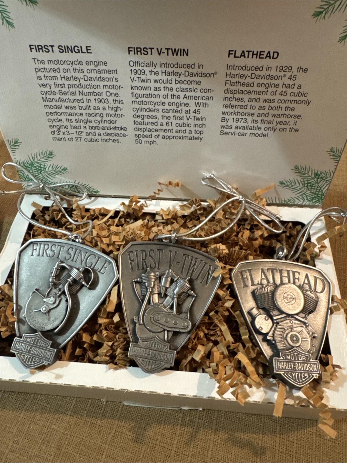Harley Davidson 1999 "Wrap Up the Rumble" Engine Pewter Christmas Ornament Set