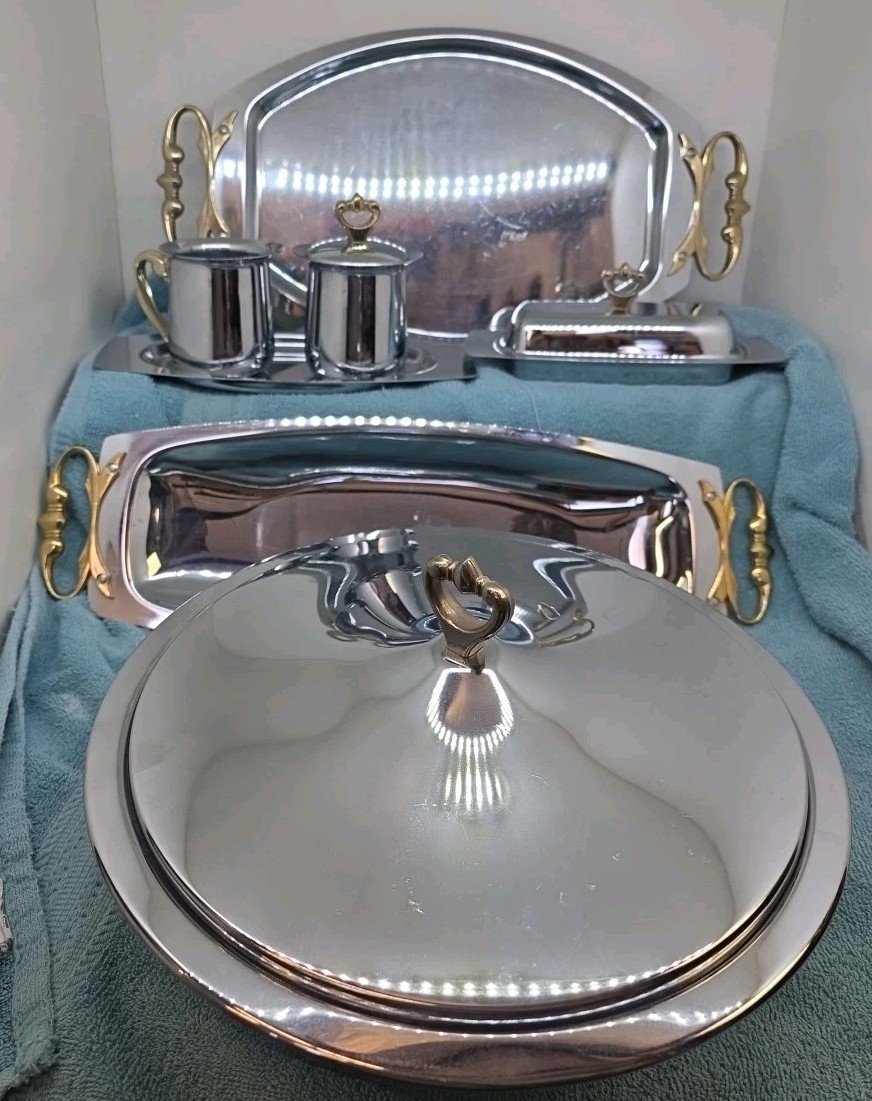 Vtg 10 Piece Chrome Kromex Serving Set Vtg 10 Piece Chrome Kromex Serving Set