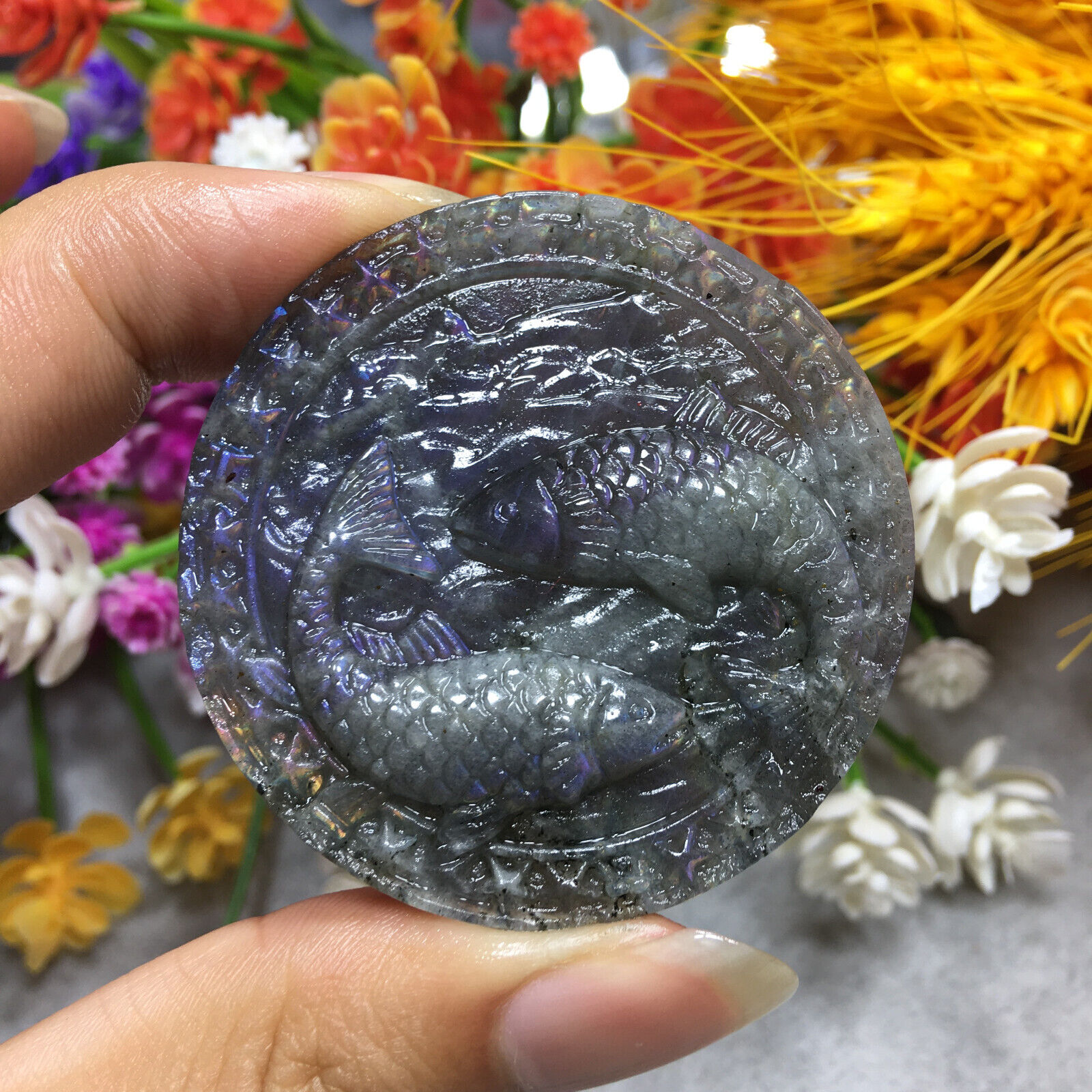Top！AA+Natural Purple Labradorite Carved Pisces Quartz Crystal Reiki Healing 1PC