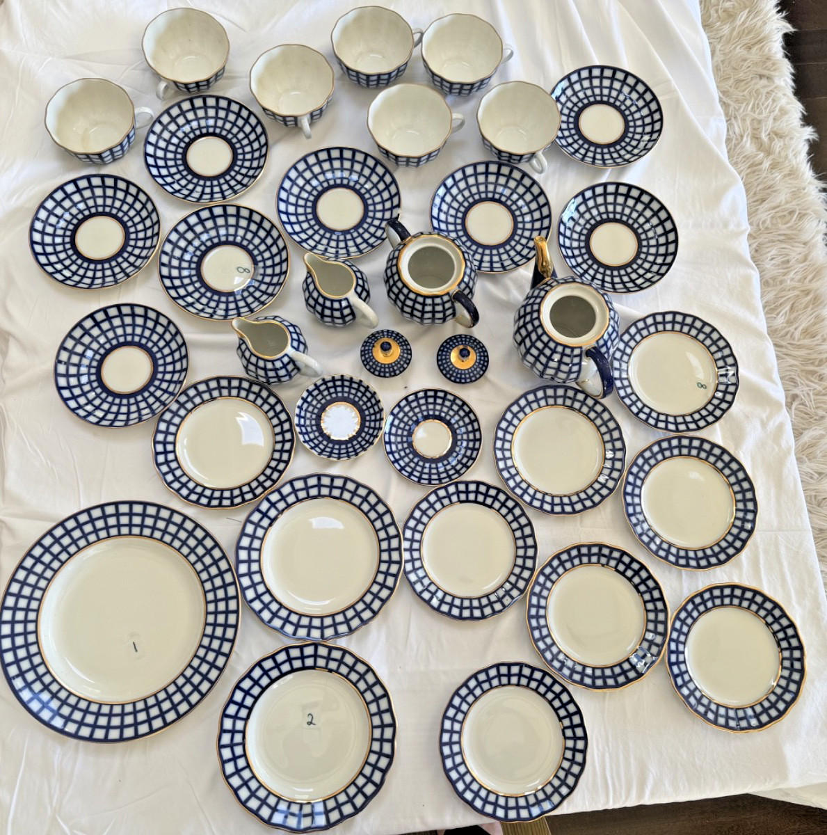 LOMONOSOV 34 Piece SET - Authentic Imperial Porcelain "Net" Cobalt  & 22k Gold
