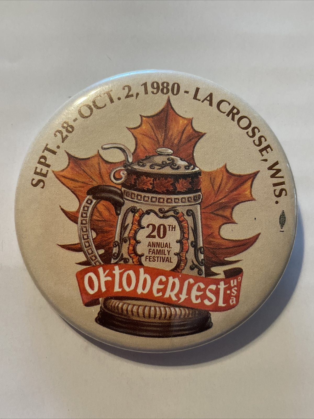 Vintage 20th OKTOBERFEST 1980 La Crosse WI Pinback Button Festival Artist Design