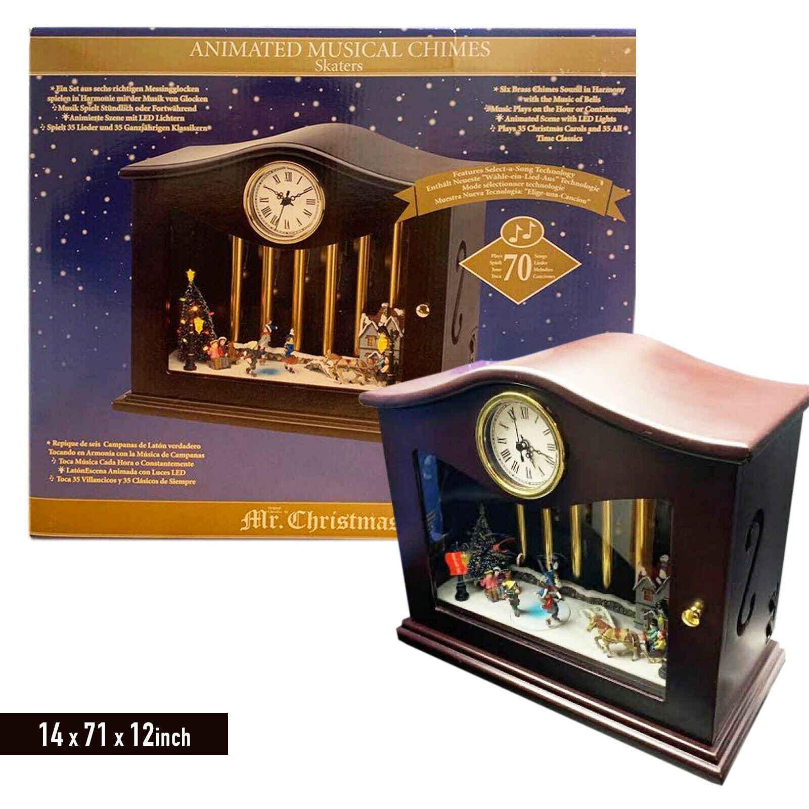 Mr. Christmas ANIMATED MUSICAL CHIMES Skater Music Box 70 Songs Table Clock New
