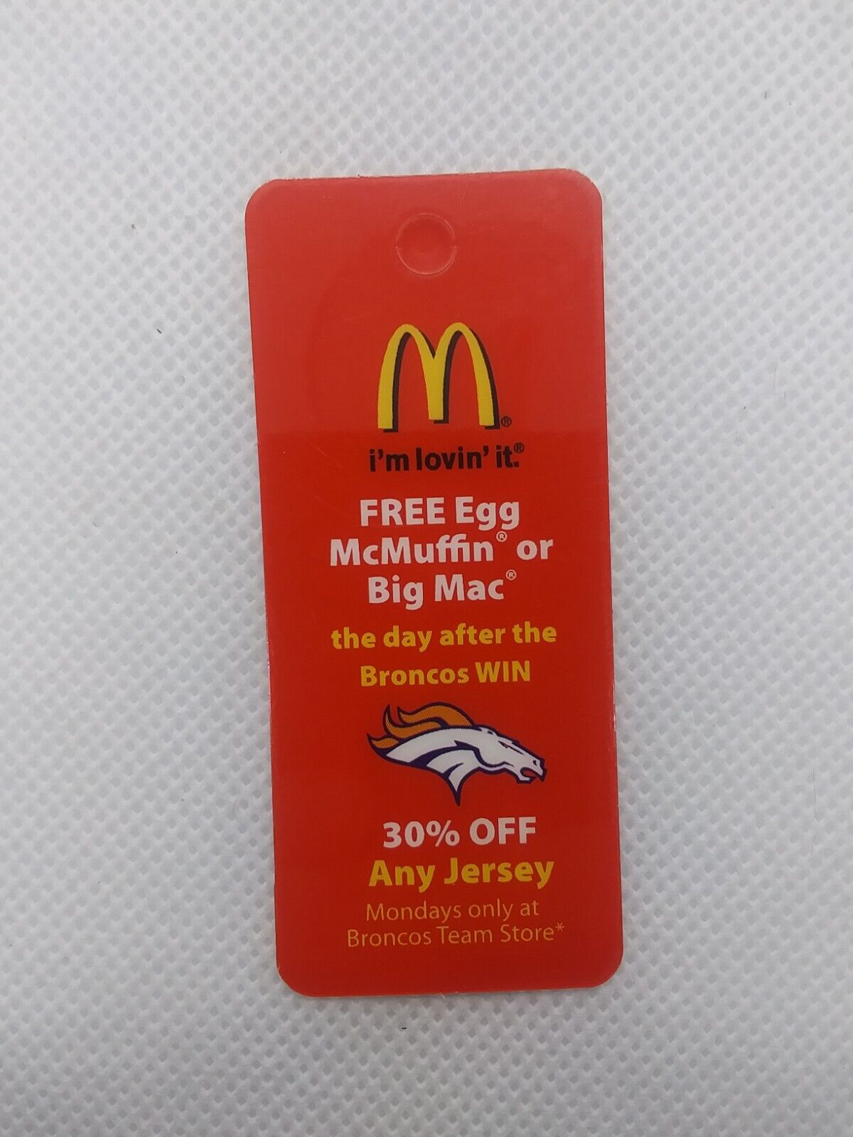 2010 Mcdonald's FREE Egg McMuffin Or Big Mac Day After Bronco's Win Keychain