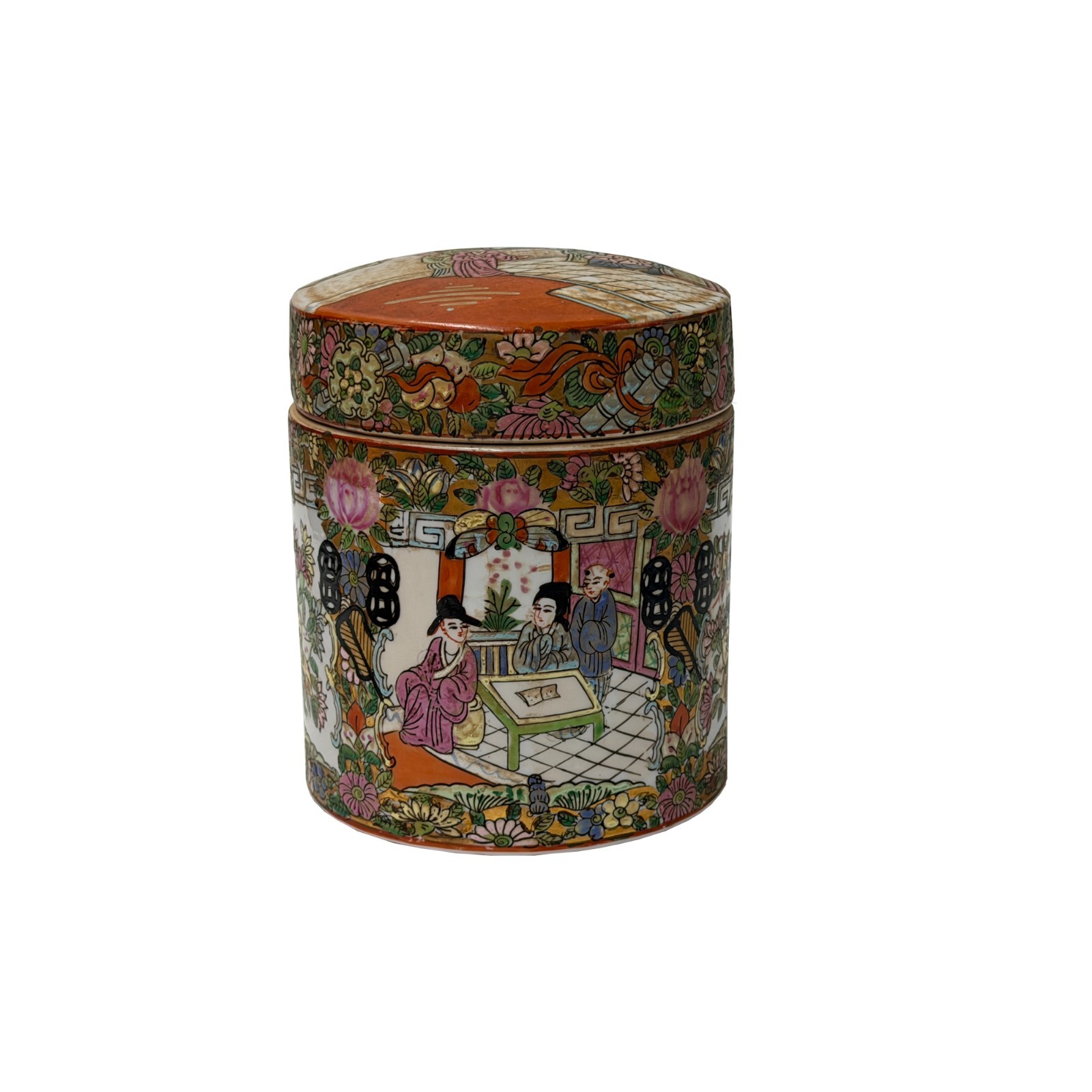 Vintage Chinese Enamel Figural Ground Canton Porcelain Round Container Jar GB841 Vintage Chinese Enamel Figural Ground Canton Porcelain Round Container Jar GB841