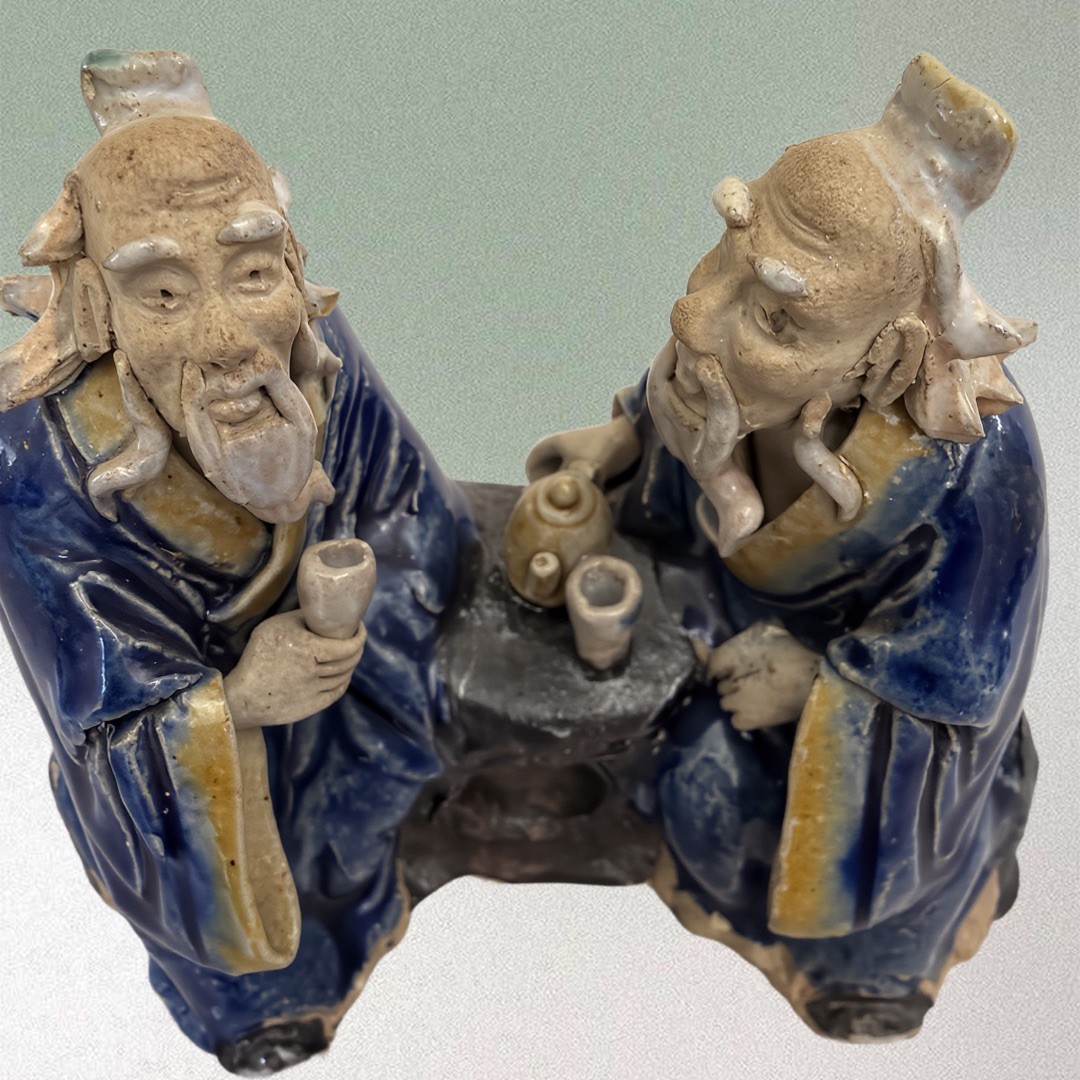 Vintage Chinese Mud Man Handmade Sages In A Tea Ceremony 3.5 Tall, 4.25 Wide Vintage Chinese Mud Man Handmade Sages In A Tea Ceremony 3.5 Tall, 4.25 Wide