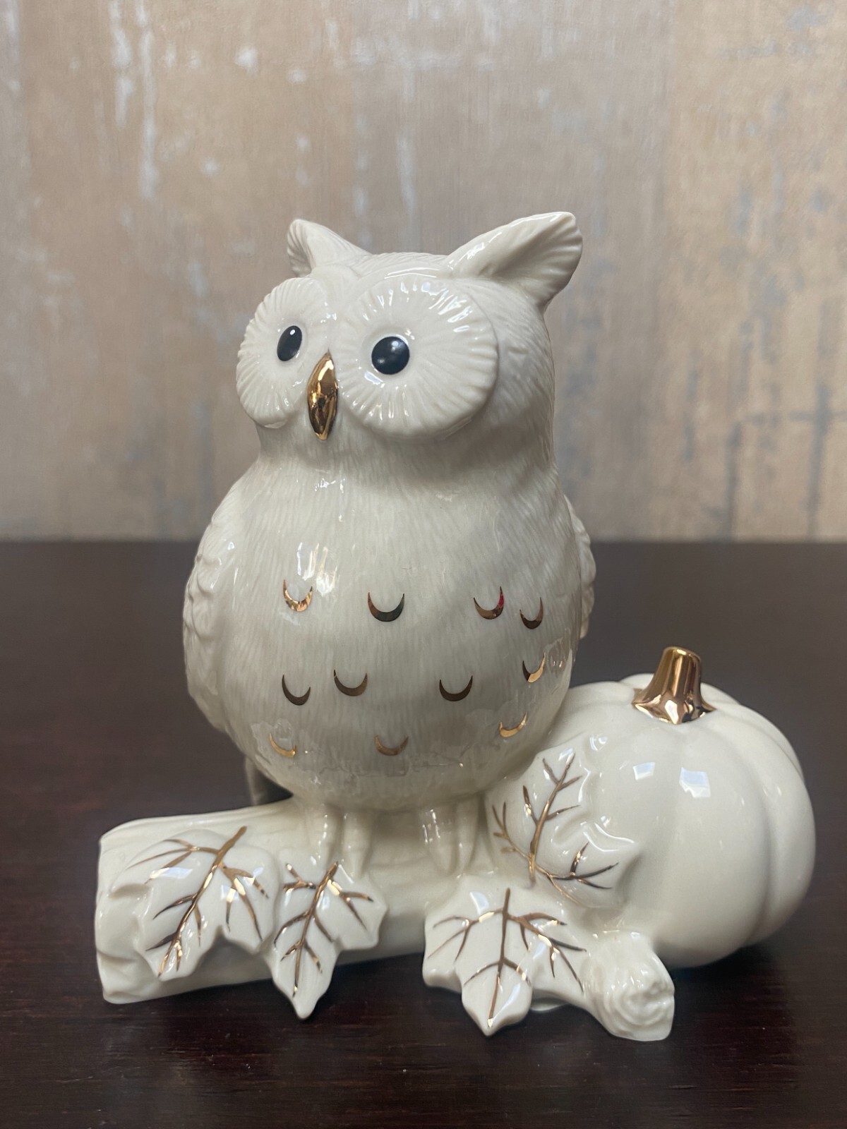 Lenox Classic Ivory Autumn Owl with Pumpkin Figurine Gold Accent