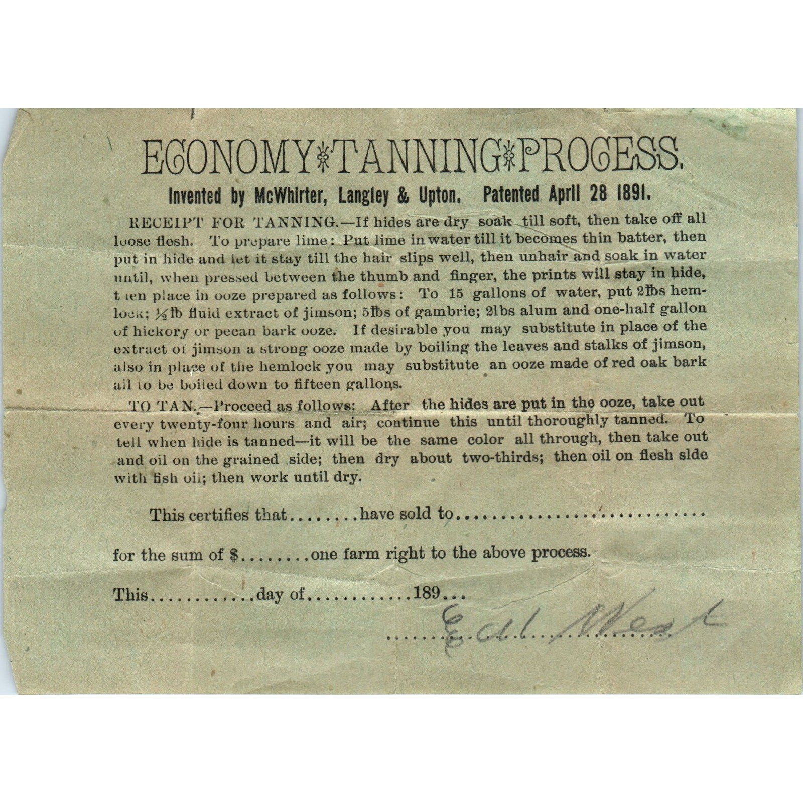 1891 Economy Leather Tanning Process Farm Permit McWhirter, Langley & Upton AE6 1891 Economy Leather Tanning Process Farm Permit McWhirter, Langley & Upton AE6