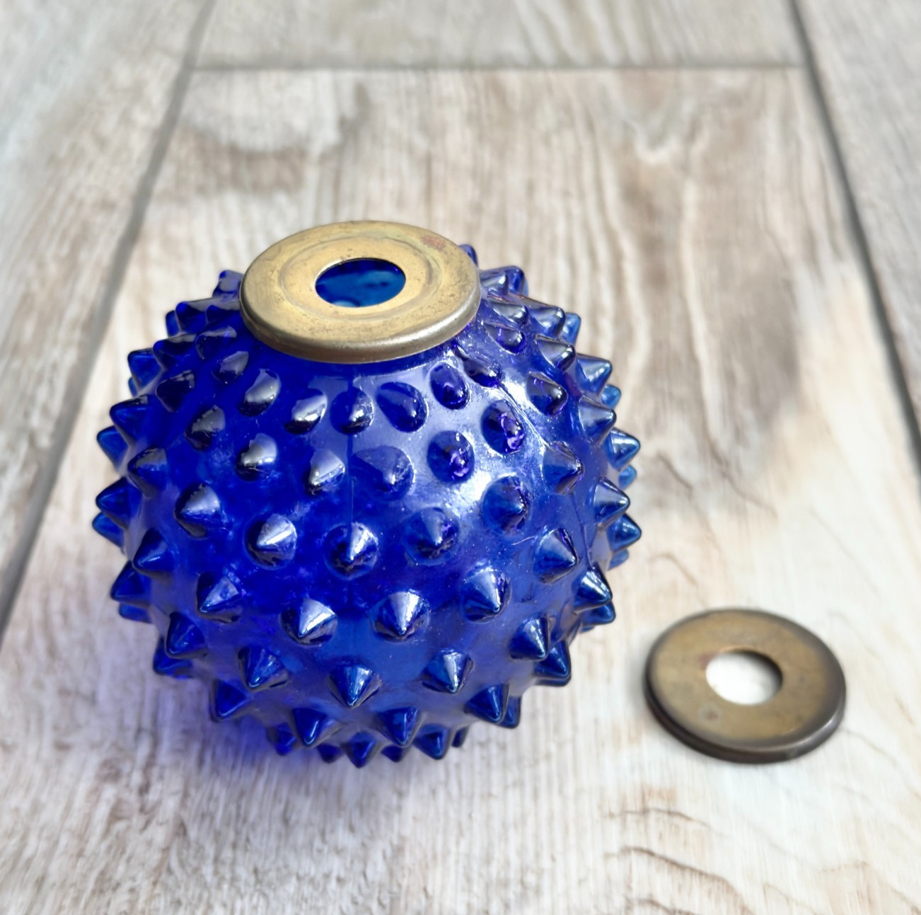 Vintage Blue Hobnail Glass Ball Lamp Break Spacer Lamp Part Vintage Blue Hobnail Glass Ball Lamp Break Spacer Lamp Part