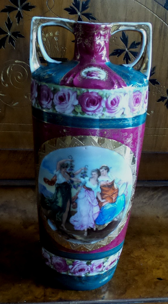 Antique Gorgeous Prov Saxe E.S. Germany Vase Three Young Maidens 12"H Antique Gorgeous Prov Saxe E.S. Germany Vase Three Young Maidens 12"H