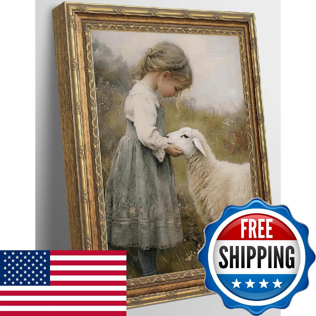 Rienkhu Gold Framed Vintage Aesthetic Girl Sheep Wall Art Rustic Farmhouse