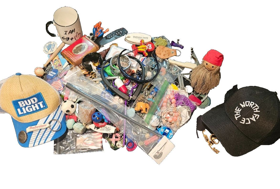 Huge 65+ Pc Junk Drawer Reseller Lot Keychains Hats Jewelry Tobacciana Headsets Huge 65+ Pc Junk Drawer Reseller Lot Keychains Hats Jewelry Tobacciana Headsets
