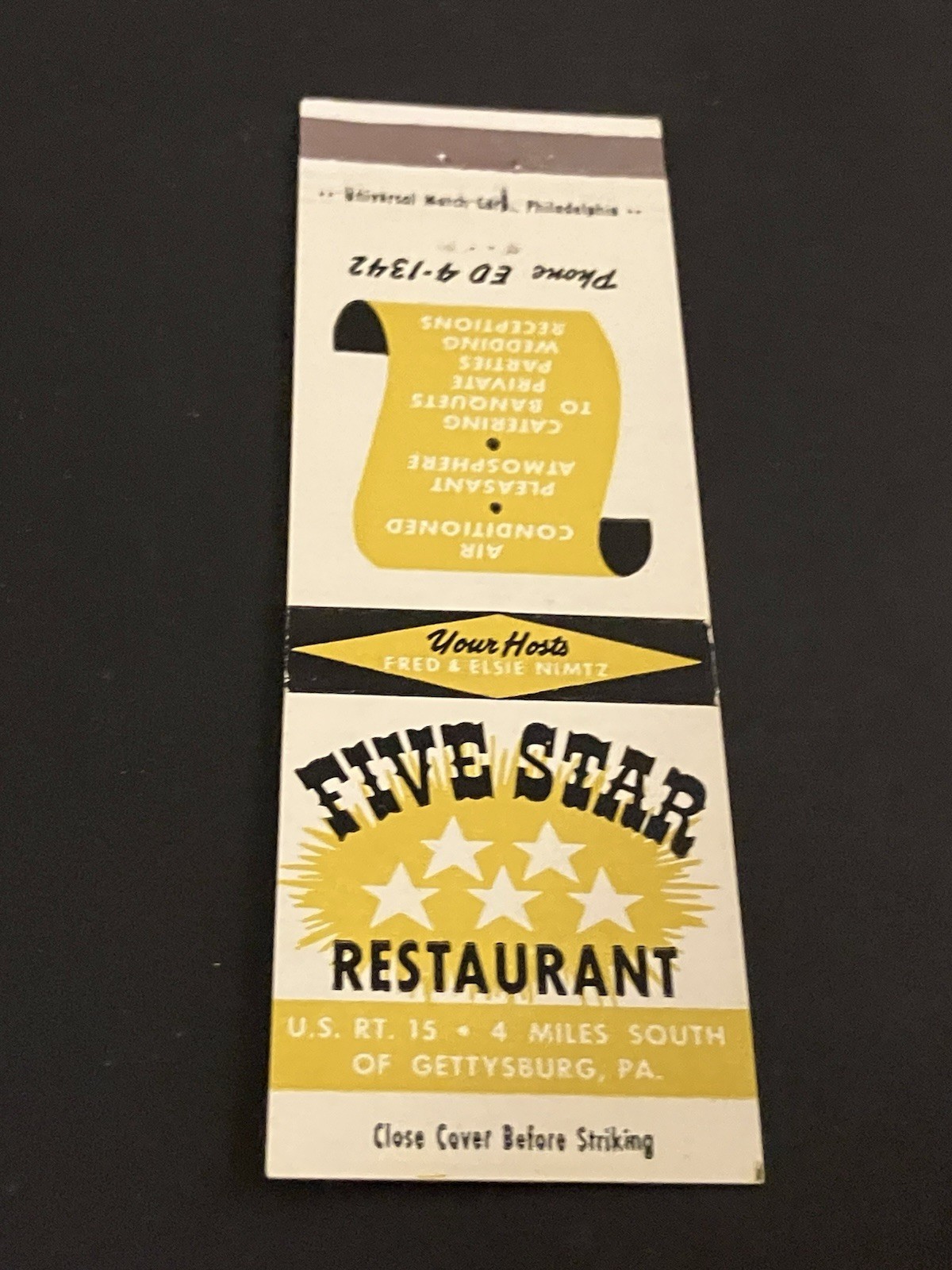Vintage Pennsylvania Matchbook “Five Star Restaurant - Fred Nimtz” Gettysburg Vintage Pennsylvania Matchbook “Five Star Restaurant - Fred Nimtz” Gettysburg