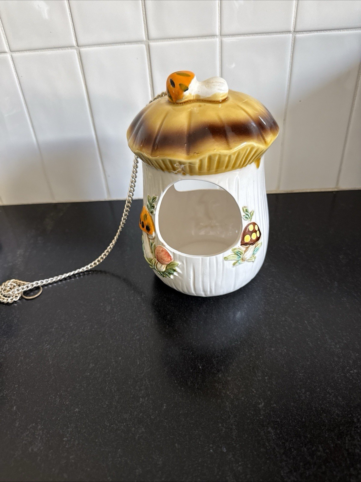 Vintage 70s Sears Merry Mushroom Hanging Planter/Bird Feeder w/Chain