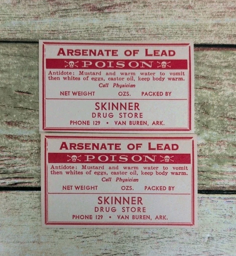 NOS 2 Vintage Arsenate of Lead Poison Label Skinner Drug Store Van Buren ARK NOS 2 Vintage Arsenate of Lead Poison Label Skinner Drug Store Van Buren ARK