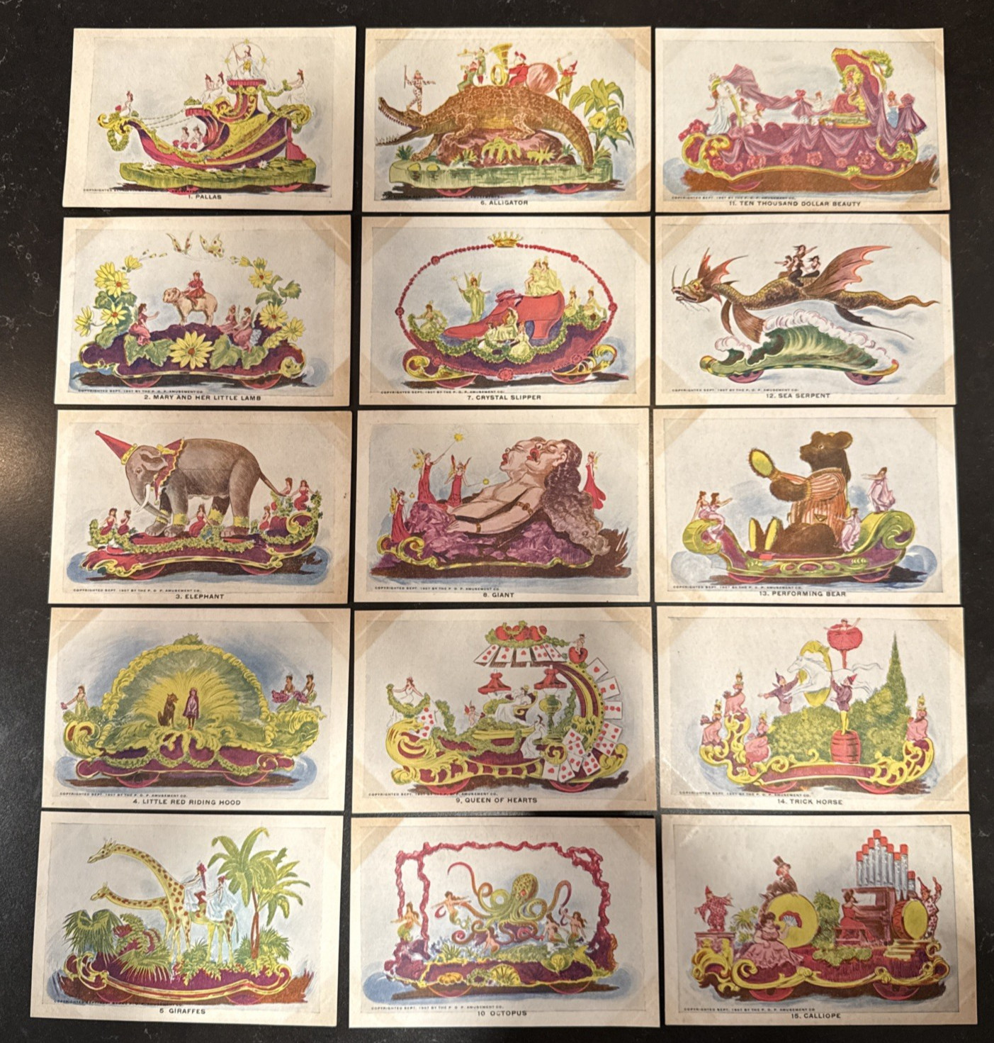 Complete Set 15 Antique 1907 POP Amusement Co Parade Float Postcards Fantasy