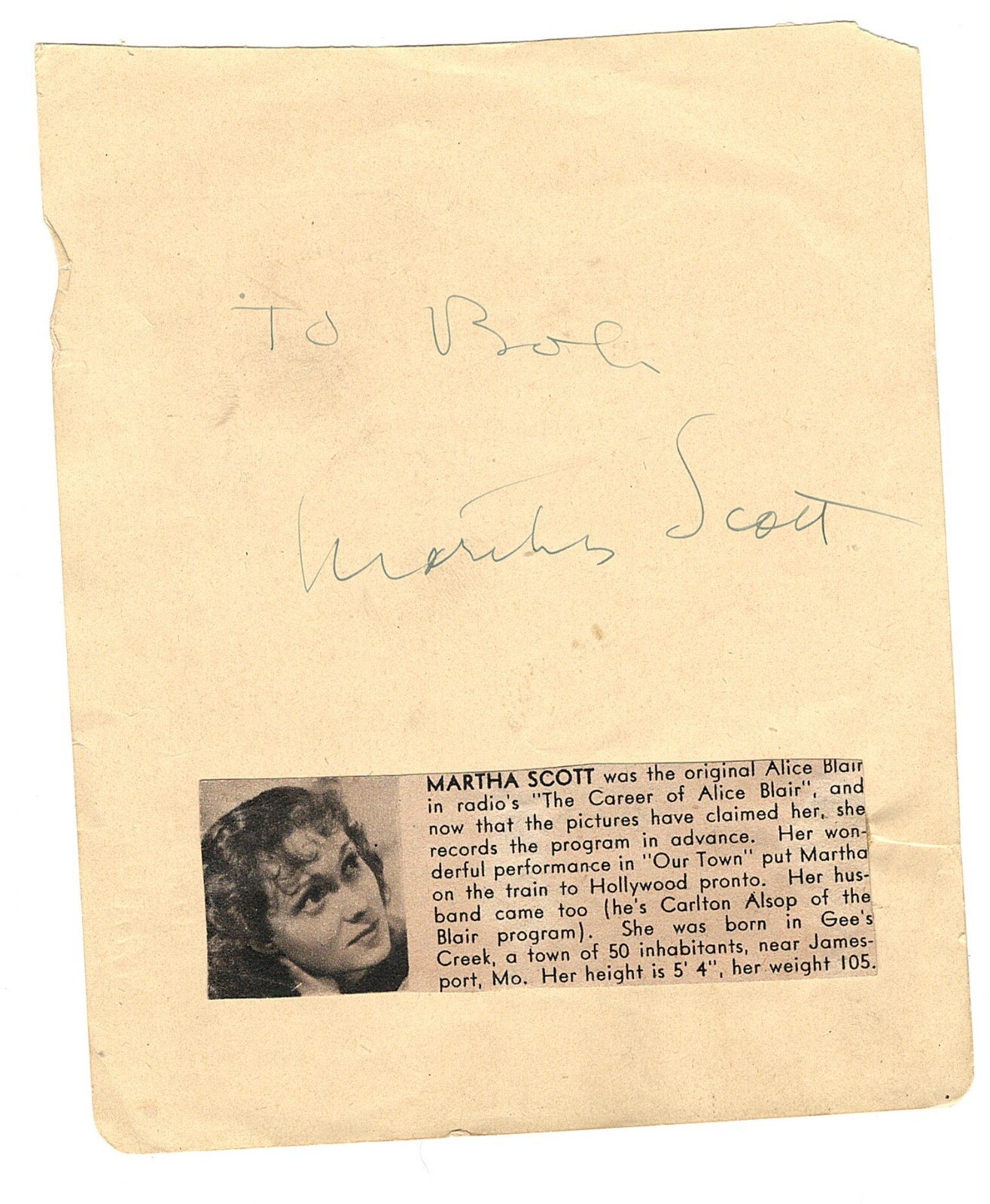 ACTRESS MARTHA SCOTT , V INTAGE AUTOGRAPH ON ALBUM PAGE ACTRESS MARTHA SCOTT , V INTAGE AUTOGRAPH ON ALBUM PAGE