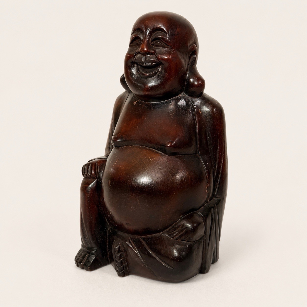 Hand Carved Wood Vtg Antique Small 5" Seated Happy Buddha Figure Nice Quality