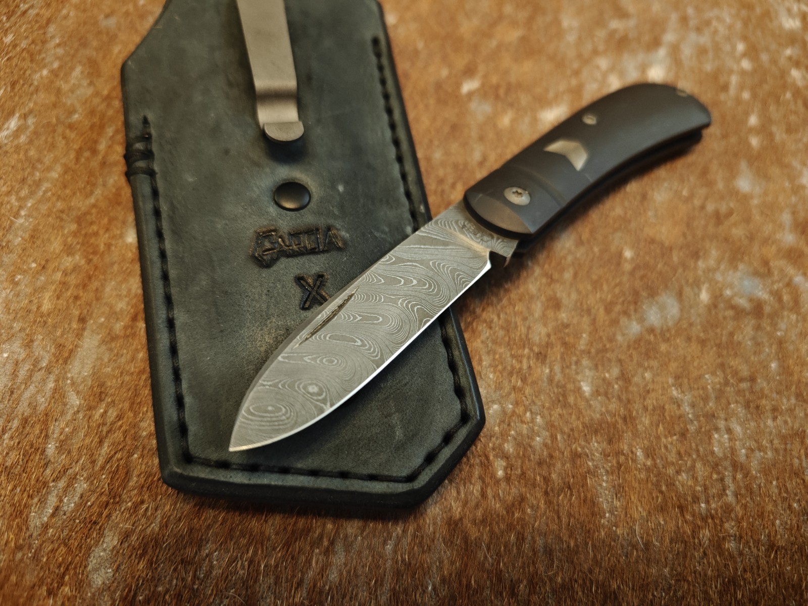 Javi Garcia Mini Zulu Slipjoint Custom Titanium Damascus Knife With Sheath 