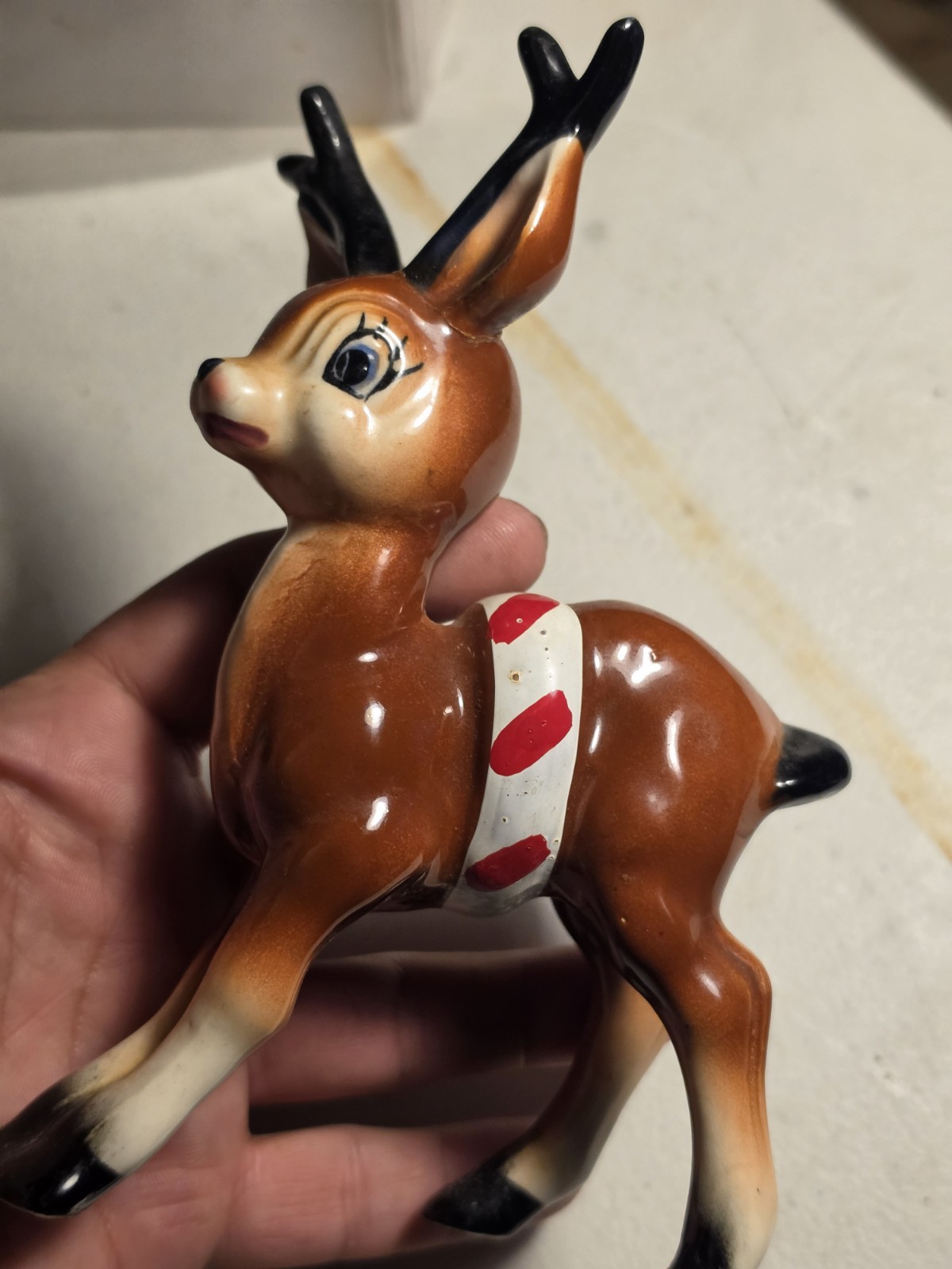 Vtg 1956 Kreiss Reindeer Figurine Candy Cane Harness Japan Ceramic Christmas MCM Vtg 1956 Kreiss Reindeer Figurine Candy Cane Harness Japan Ceramic Christmas MCM