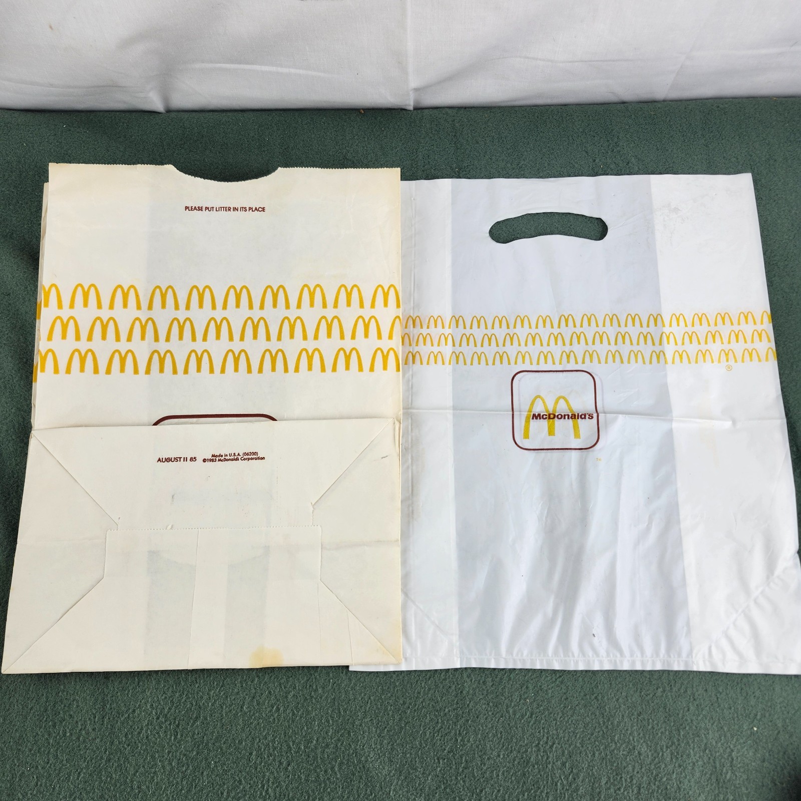 2x McDonalds Paper & Plastic Takeout Bags 1985 with Brown Yellow Arches