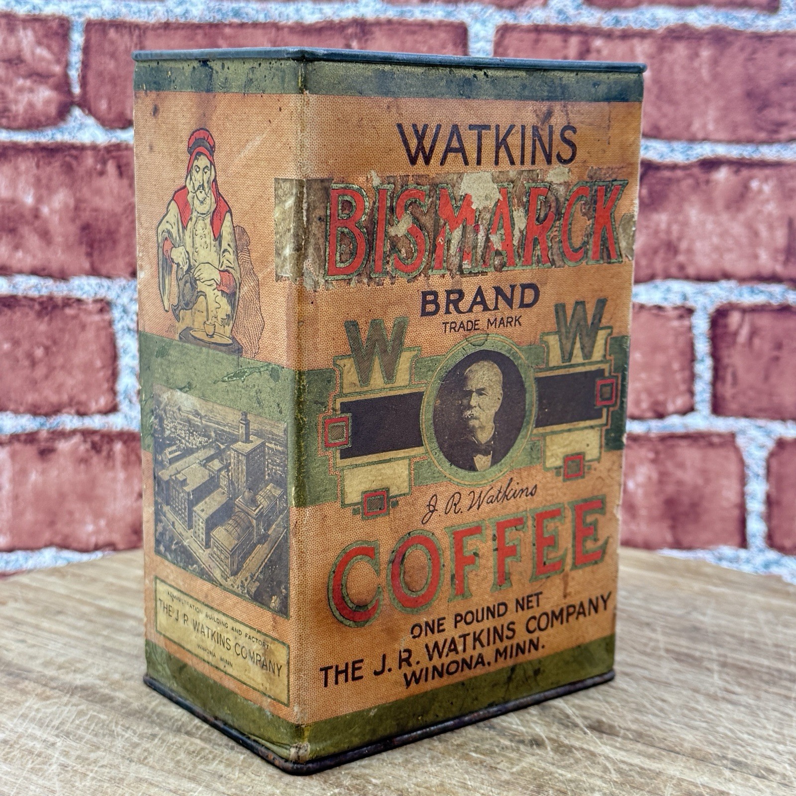 RARE J.R. Watkins Bismarck Coffee Litho Cardboard Tin Winona, Minnesota antique RARE J.R. Watkins Bismarck Coffee Litho Cardboard Tin Winona, Minnesota antique