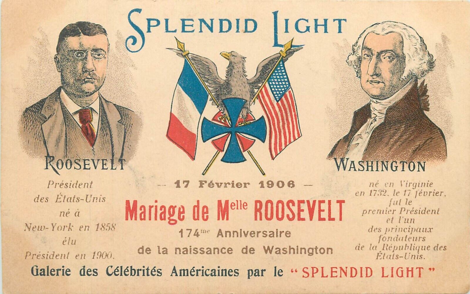 Miss Alice Roosevelt Marriage Washington 1906 Litho SPLENDID LIGHT eagle flags
