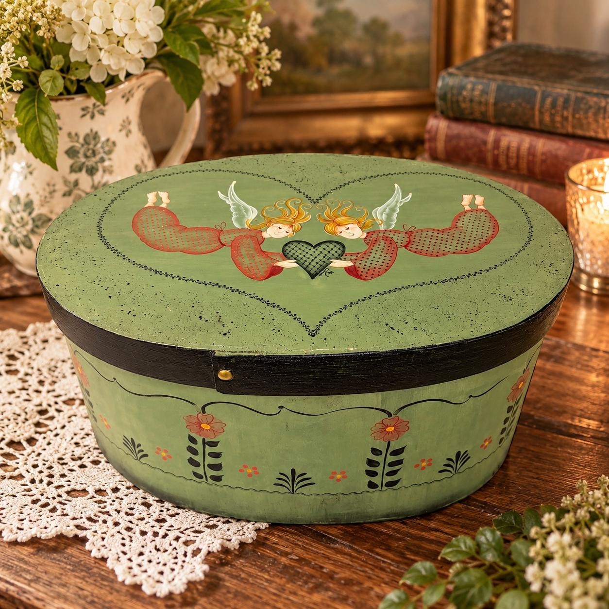Vintage 1992 Hand Painted Bentwood Oval Box Folk Art Angels Floral 15"