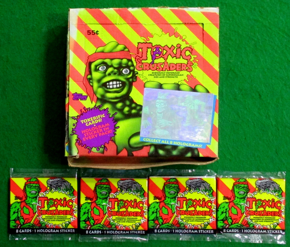 1991 TOPPS TOXIC CRUSADERS CARDS 4 SEALED PACKS  HOLOGRAM EVERY PACK + EMPTY BOX