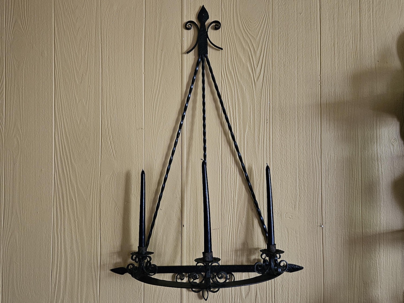Vintage Large 35 1/2" Black Wrought Iron Wall Candelabra, Black Cast Iron Sconce Vintage Large 35 1/2" Black Wrought Iron Wall Candelabra, Black Cast Iron Sconce