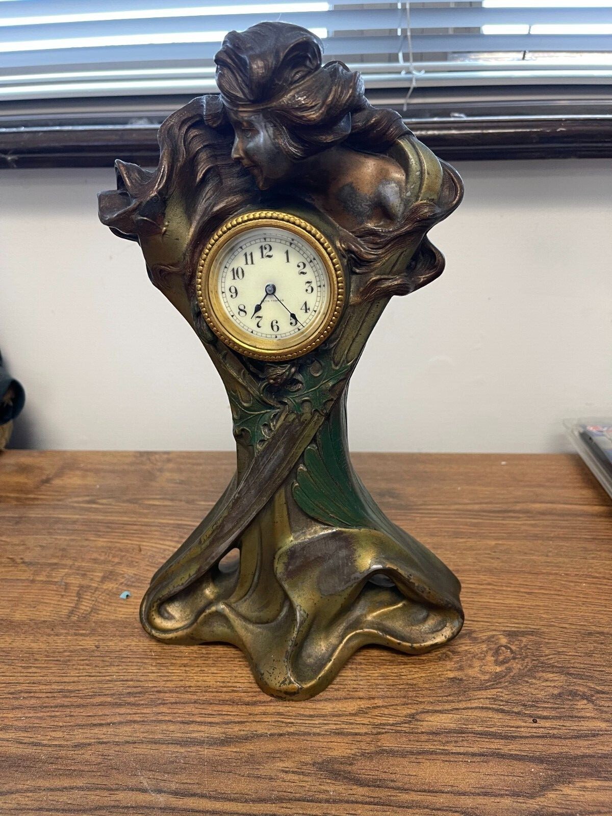 12.5" Original Art Nouveau Circa 1889 Cold Painted Bronzed Clock By Seth Thomas